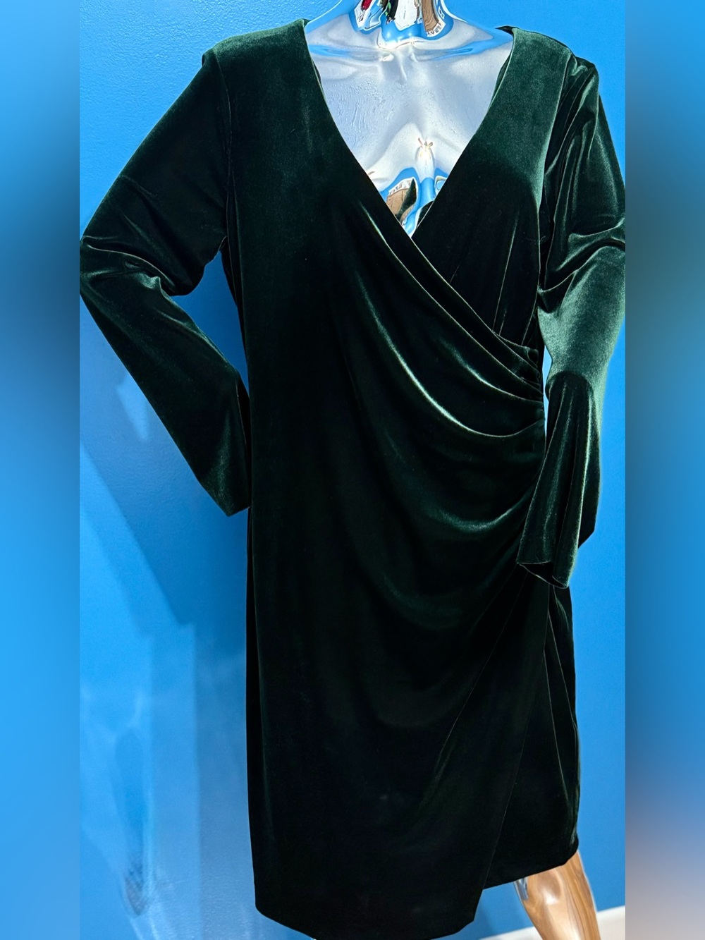 Lauren Ralph Lauren Deep Green Velvet Wrap-Style Long Sleeve Dress 16